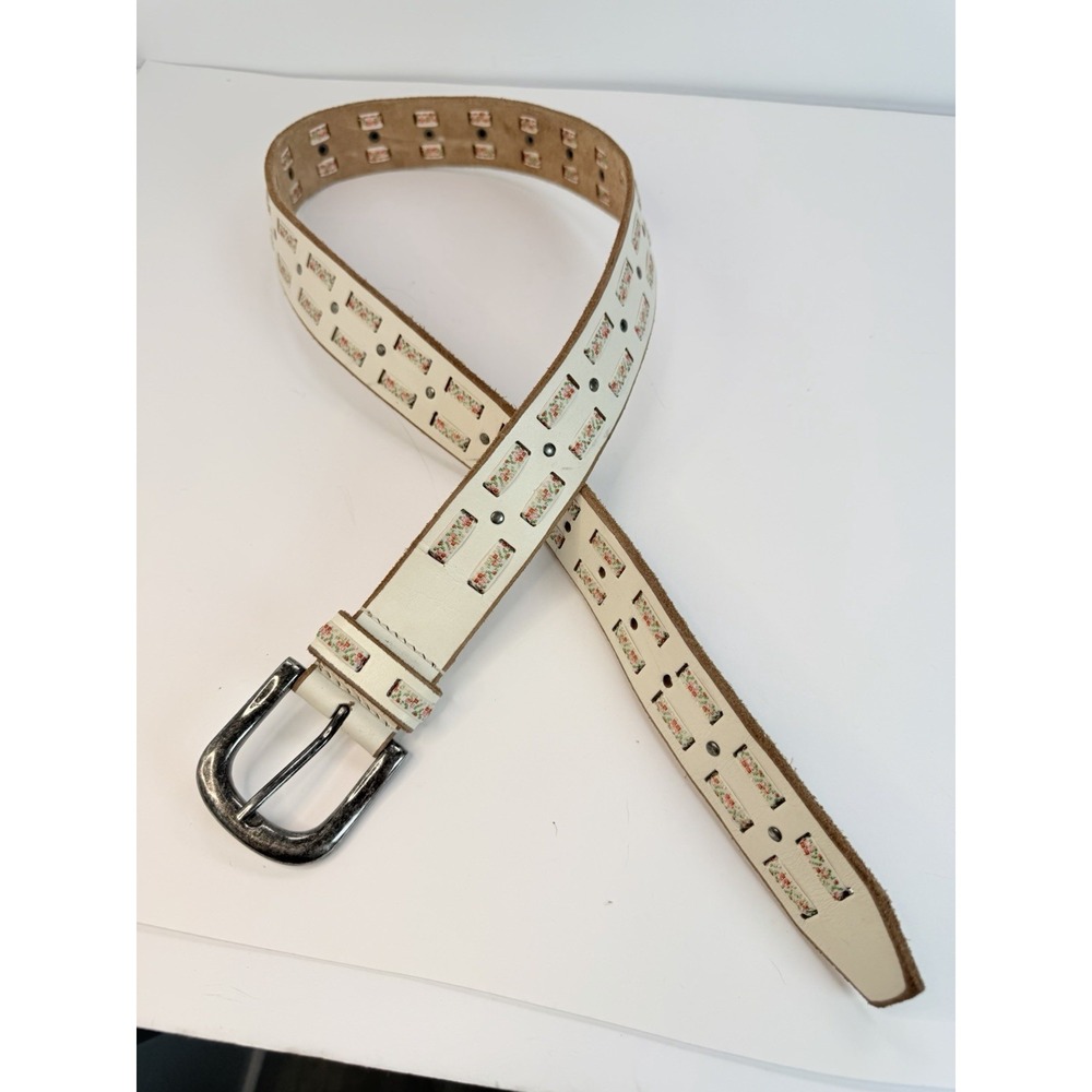 White Leather Belt Colorful Ribbon Accents Vintage Boho‎ Style 31-34"